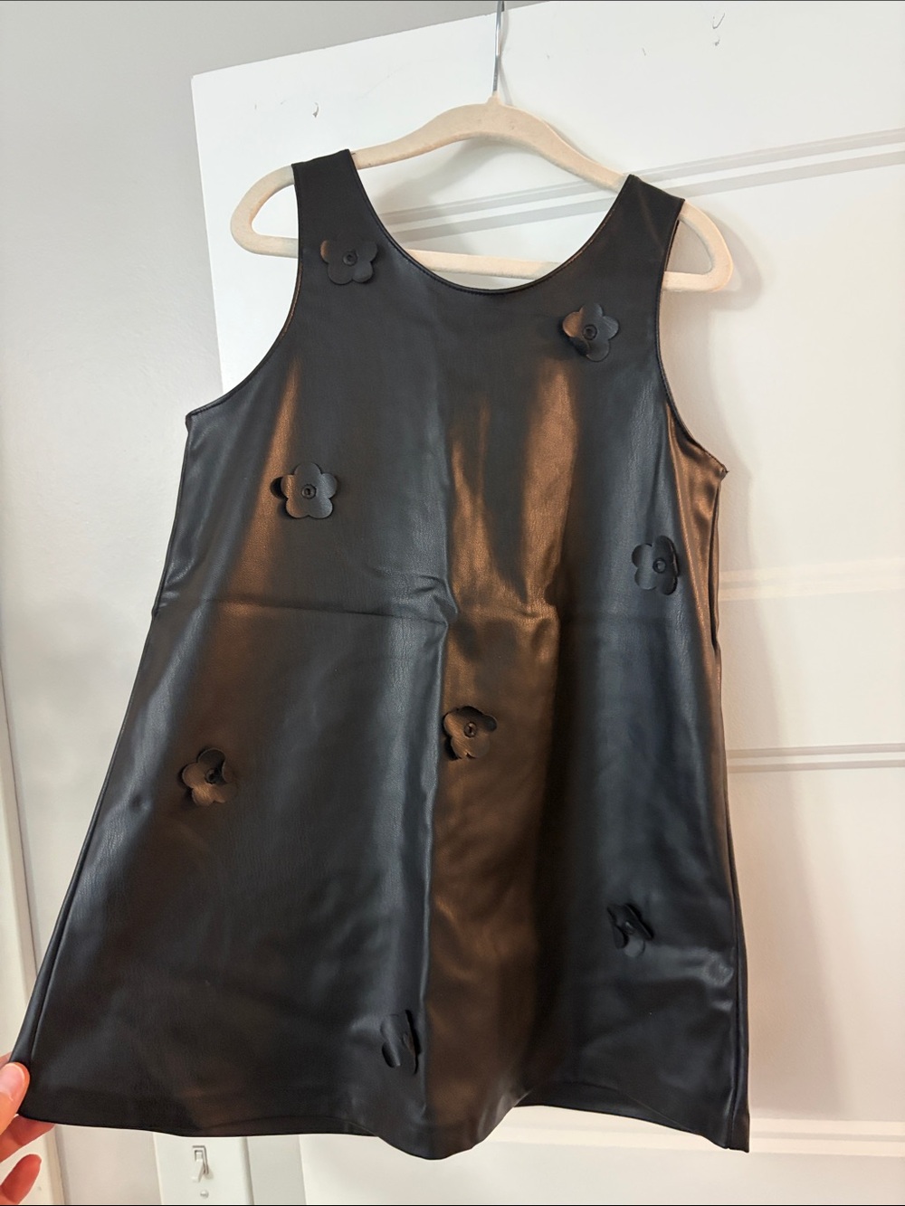 Zara Black Faux Leather Floral-Appliqué Sleeveless Dress